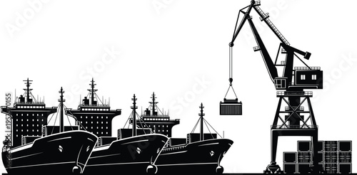 Cargo ships at port with container crane loading freight maritime shipping harbor logistics industry silhouette vector illustration