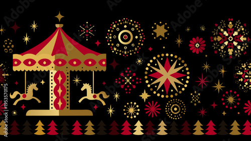 A vibrant illustration of a golden carousel with festive golden ornaments