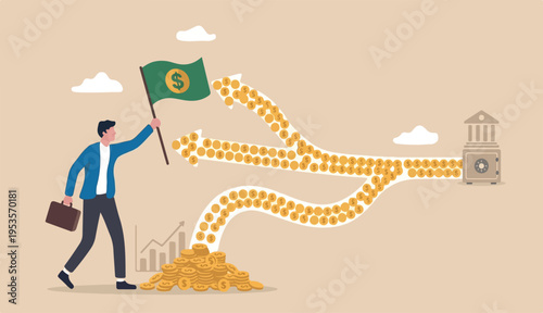  Cash flow, investment fund raising bank loan financial activity making money profit concept, Businessman leader investor holding flag or control money Dollar coins
