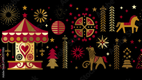 Festive folk art scene with carnival stars and traditional motifs