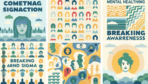 Colorful graphic panels promoting mental health awareness and breaking stigma