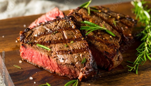 Close-up of grilled slices of cooked red meat seasoned with herbs on a wooden cutting board