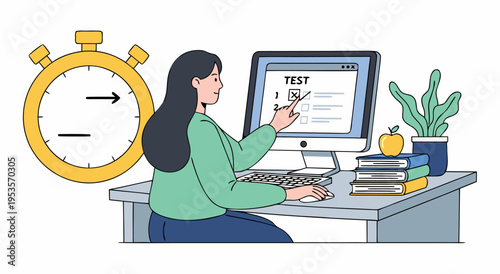 Vector illustration of a woman taking an online test on a computer with a stopwatch in the background symbolizing time management for examinations