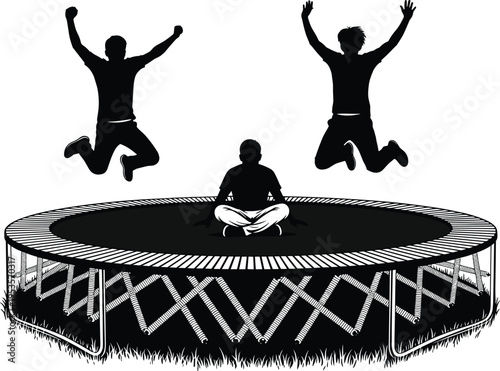 Children jumping on trampoline with one child sitting, playful kids silhouette vector illustration isolated on white background outdoor fun activity