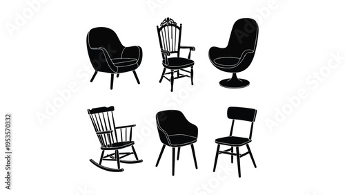 Chairs silhouette vetor set Six Distinct Chair Silhouettes in Monochrome Line with Varied Wood and Fabric Styles