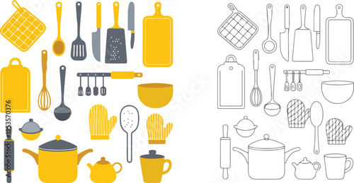 Set of colorful and black and white kitchen utensils cooking tools flat vector illustration collection isolated on white background