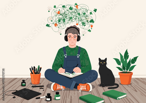 Creative Mind Vector Illustration A Person with Headphones and a Cat Engaged in Artistic Creation