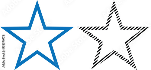 Vector star shape icons in blue outline and hatching styles