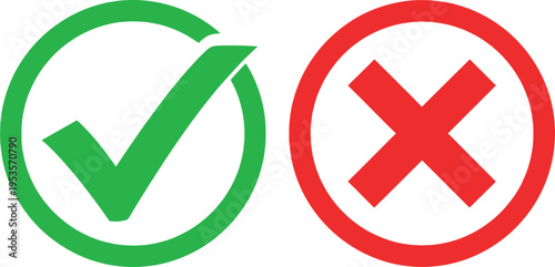Green check mark and red X inside circles, correctness approval rejection decision communication