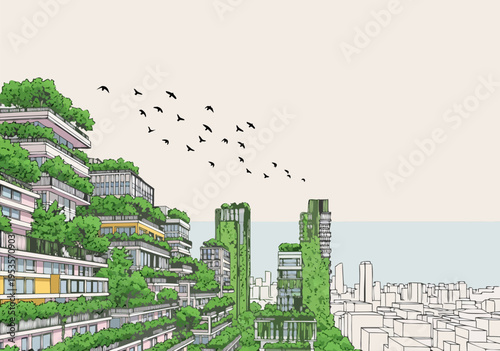 Futuristic Eco-City Vector Illustration Sustainable Urban Landscape with Green Buildings and Birds Flying Overhead
