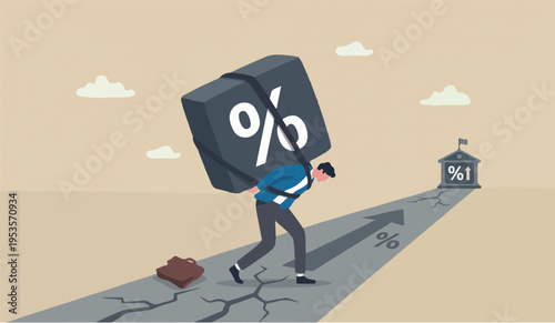 Debt burden to the for werisk from high interest rate, FED or federal reserved rate hike cause heavy loan or mortgage payment, economic recession concept, businessman carry heavy percentage interest