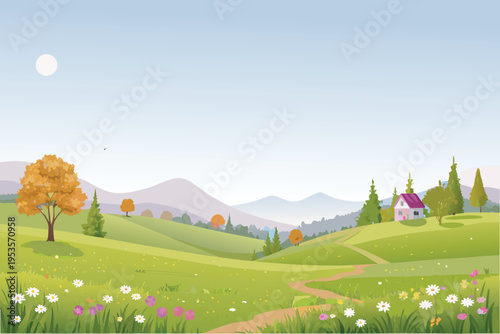 Peaceful countryside landscape with rolling hills and a charming house