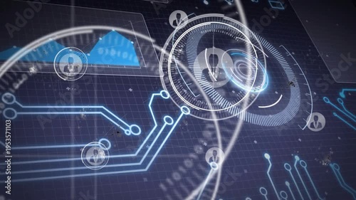 Central HUD rotating and sending sweeping rings, causing network user icons appearing along traces