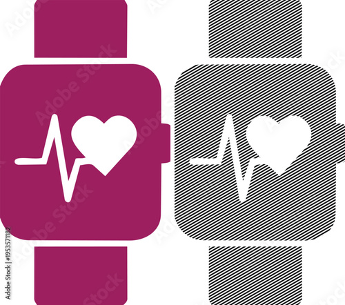 Vector heart rate monitor smartwatch icon in magenta with stylized version