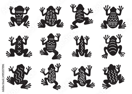 Cute frogs silhouette with pattern compilation set.  Vector doodle illustration set for web, t-shirt design, other graphic design use