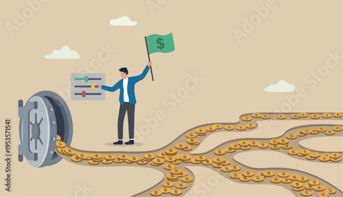 Cash flow, investment fund flow, fund raising, bank loan or financial activity to making money profit concept, Businessman leader or investor holding flag control flow of money Dollar coins