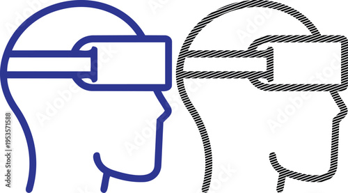 Vector man wearing vr headset icon: blue profile and outline