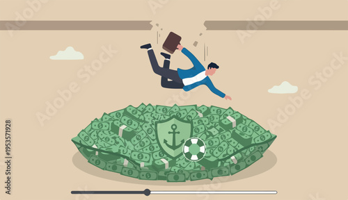 Insurance, reserve money or emergency fund on business failure, mistake accident, compensation money support cushion concept, fail businessman falling huge or money banknotes safety cushion