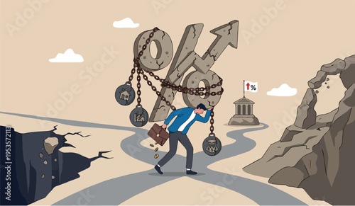 Debt burden isthis on in of to the for we can risk from high interest rate, FED or federal reserved rate hike cause heavy loan or mortgage payment, economic recession concept, businessman carry heavy