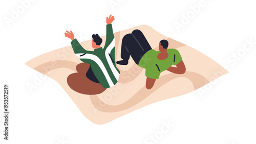 Friends relaxing outdoors in summer. Male couple lying, sitting on blanket, b...