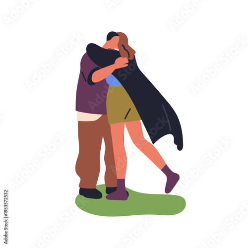 Young woman and man hugging. Love couple embrace outdoors. Happy meeting, reu...