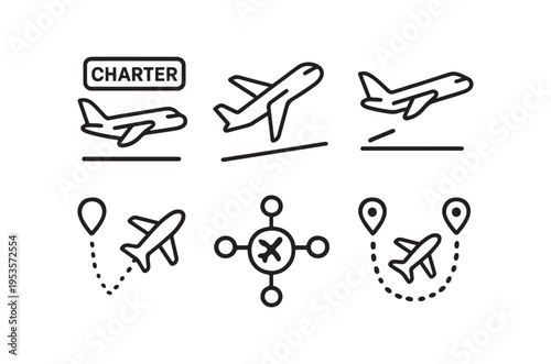 Minimalist line art depicting airplanes flight paths and travel locations
