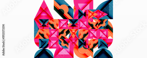 Abstract geometric shapes overlap, creating vibrant pattern. Pink, orange, navy dominate composition. Clean lines define forms.