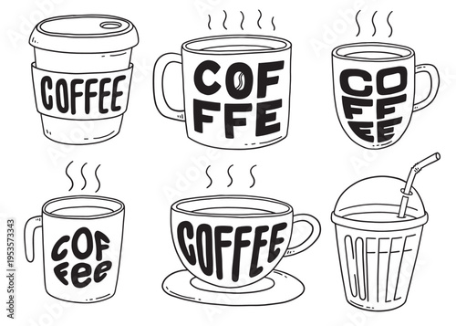 Coffee Cups doodle hand lettering compilation set.  Vector doodle illustration set for web, t-shirt design, other graphic design use