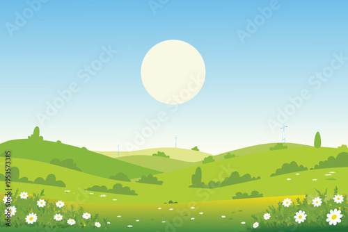 Rolling green hills under a bright sun and clear blue sky