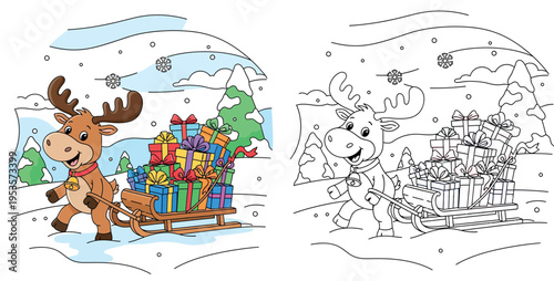 Cute cartoon reindeer pulling a wooden sleigh full of colorful Christmas gifts, vector illustration