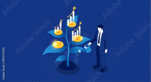 Businessman Watering Money Tree with Growing Financial Charts and Gold Coins