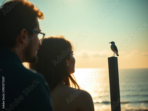 Sun-kissed serenity, a pair finds peace by the azure expanse, their gaze drawn to a feathered visitor on a post,  gentle hue,  relaxation