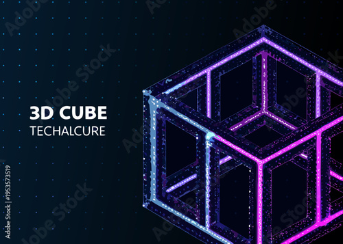 Neon geometric cube with glowing lines against a dark starry background