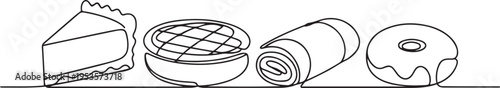 Pastries, sweet buns one line set art. Continuous line drawing of cheesecake, pie, strudel, donut. one line Icon drawing