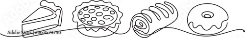 Pastries, sweet buns one line set art. Continuous line drawing of cheesecake, pie, strudel, donut. one line Icon drawing