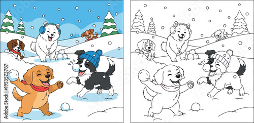 Happy cartoon dogs playing snowball fight in winter forest, vector illustration of cute puppies