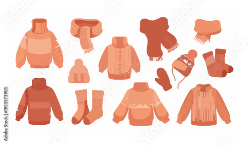 Warm knitted clothes vector collection with cozy winter apparel isolated on white background