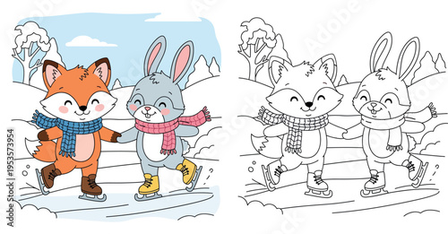 Cute cartoon fox and rabbit ice skating together, happy friends holding hands on frozen lake