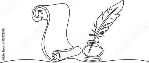 Scroll with inkwell and feather continuous line drawing. One line art of love letter, papyrus, antique, romance, classic, retro. one line Icon drawing