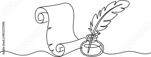 Scroll with inkwell and feather continuous line drawing. One line art of love letter, papyrus, antique, romance, classic, retro. one line Icon drawing