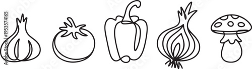Vegetables one line set. Continuous line drawing of garlic, tomato, bell pepper, onion, mushroom. one line Icon drawing