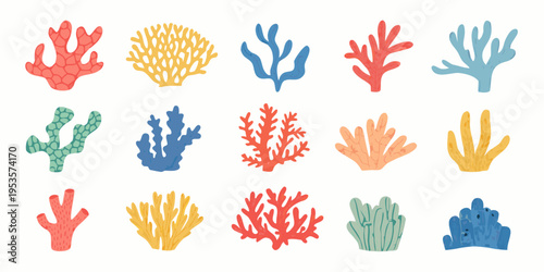Colorful coral reef illustration featuring diverse shapes and vibrant hues