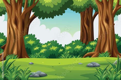 Lush green forest scene with prominent trees and a clear sky