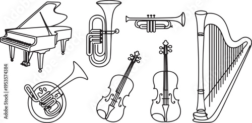 Instruments of the Orchestra set one line art. Continuous line drawing of grand piano, tuba, trumpet, french horn, violin, cello, harp. one line Icon drawing