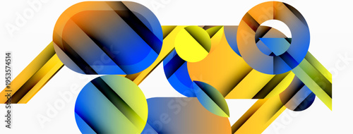 Abstract composition featuring overlapping circles, rectangles. Vibrant blue, yellow, orange hues create dynamic visual effect. Modern design.