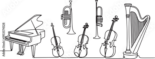 Instruments of the Orchestra set one line art. Continuous line drawing of grand piano, tuba, trumpet, french horn, violin, cello, harp. one line Icon drawing