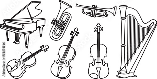 Instruments of the Orchestra set one line art. Continuous line drawing of grand piano, tuba, trumpet, french horn, violin, cello, harp. one line Icon drawing