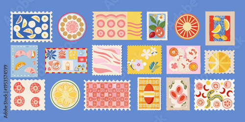 Colorful collection of illustrated postage stamps with fruit and floral designs