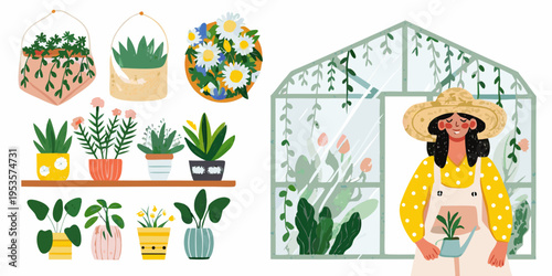 A woman tends to plants inside a charming illustrated greenhouse scene