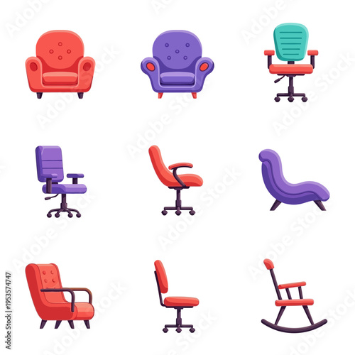 A collection of nine different colored chairs on white background